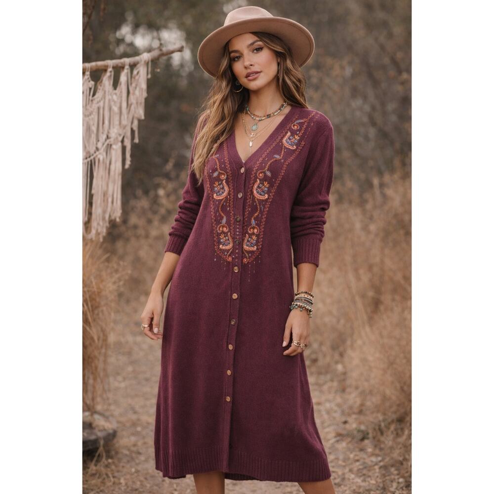Carole Little Embroidered Sweater Dress Sz Large Maroon Boho Midi Wool Blend